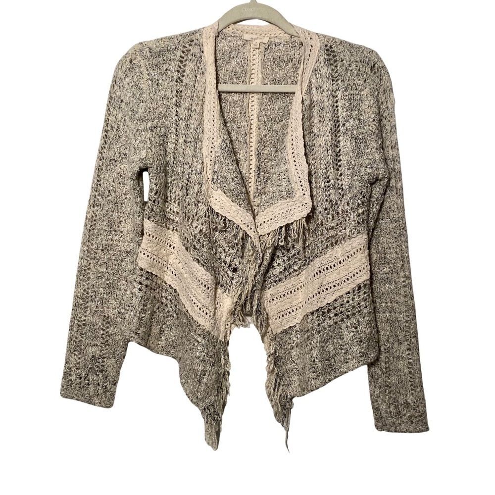 Mystree Boho Fringe Crochet Open Knit Cardigan Sweater Small